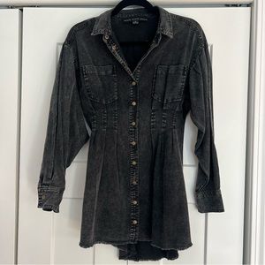 Acid Washed Cinched Black Button Down Tunic